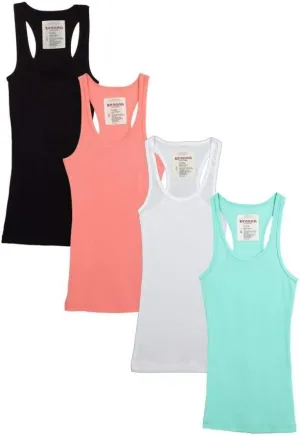 Zenana Outfitters 4 Pack Womens Ribbed Racerback Tank Top Black/White/Aqua/Coral L